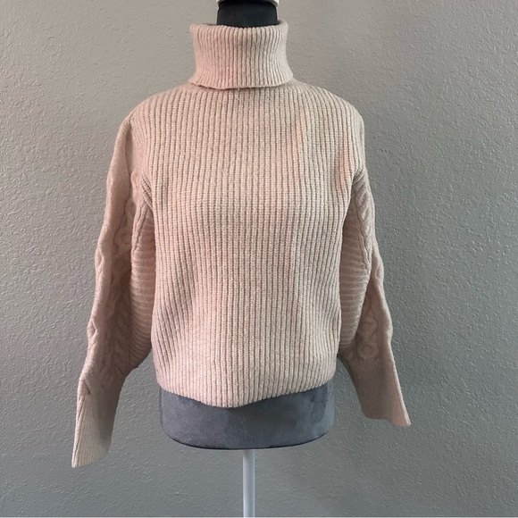 Topshop Turtleneck Sweater XS Blush Pink Cable Knit Sleeves Cozy Chunky Knit - Picture 2 of 7